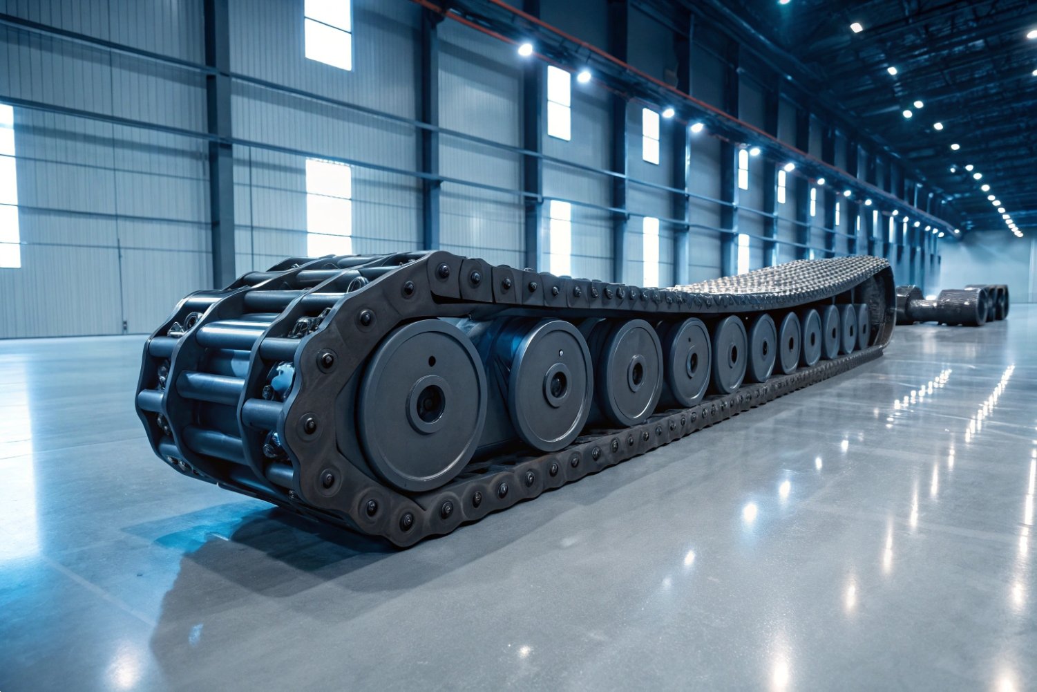 Heavy-duty industrial crawler track assembly on a polished warehouse floor.
