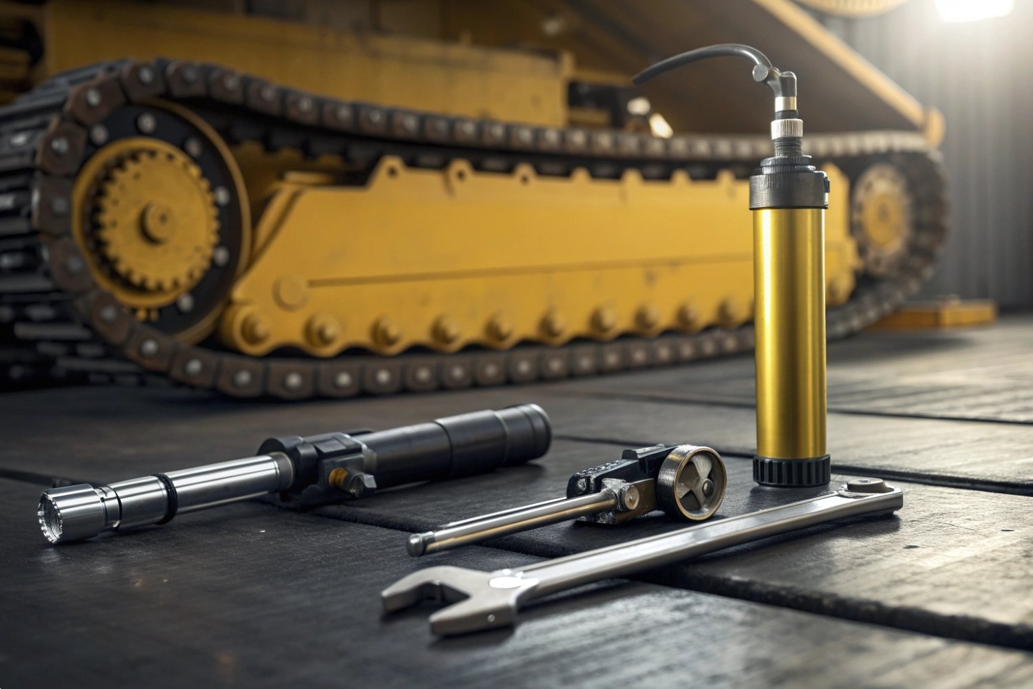 Bomba de graxa industrial e ferramentas de manutenção no piso de uma oficina com maquinário pesado ao fundo.