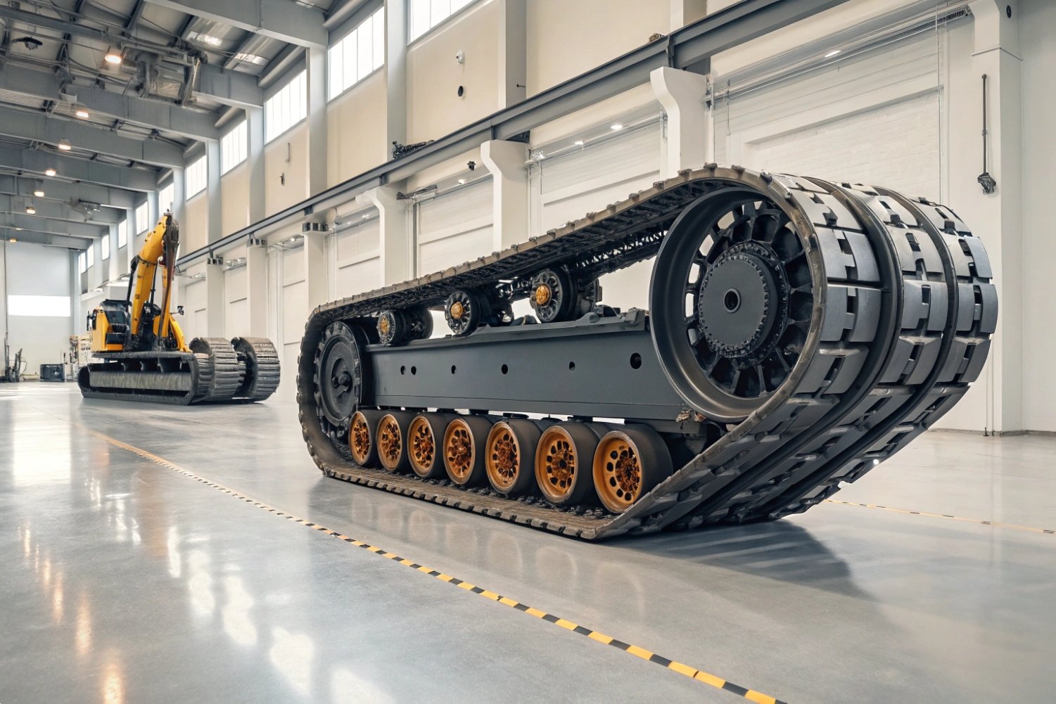 Close-up of a heavy-duty industrial excavator track assembly in a modern manufacturing facility.