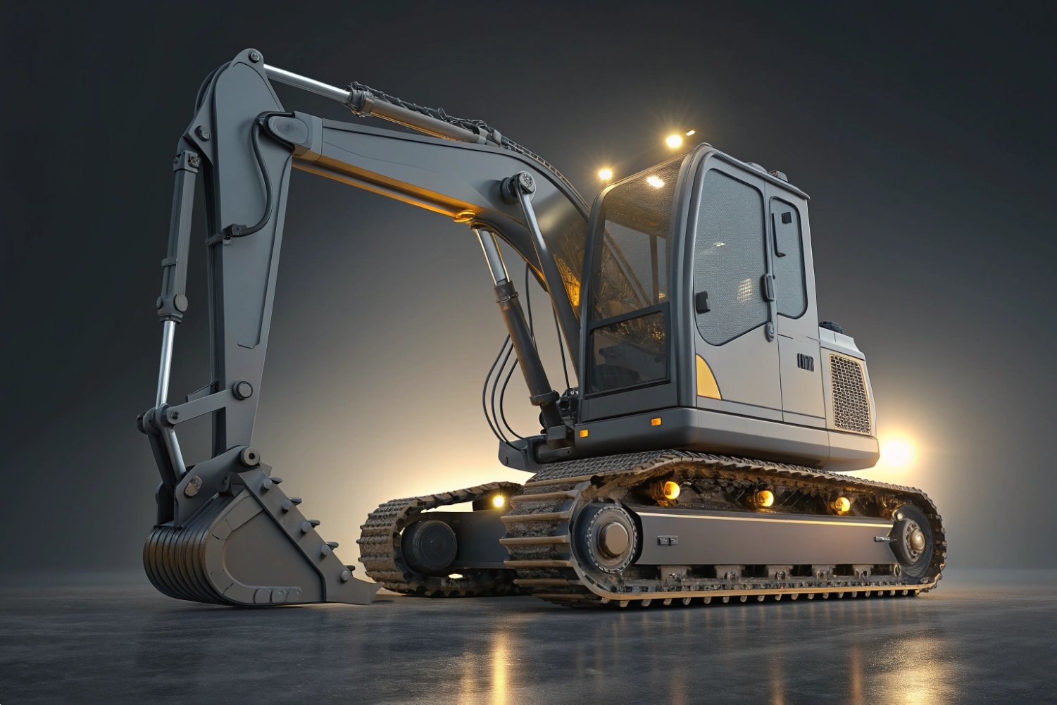 Yellow excavator crawler tracks staged for final assembly in a spacious industrial manufacturing plant.