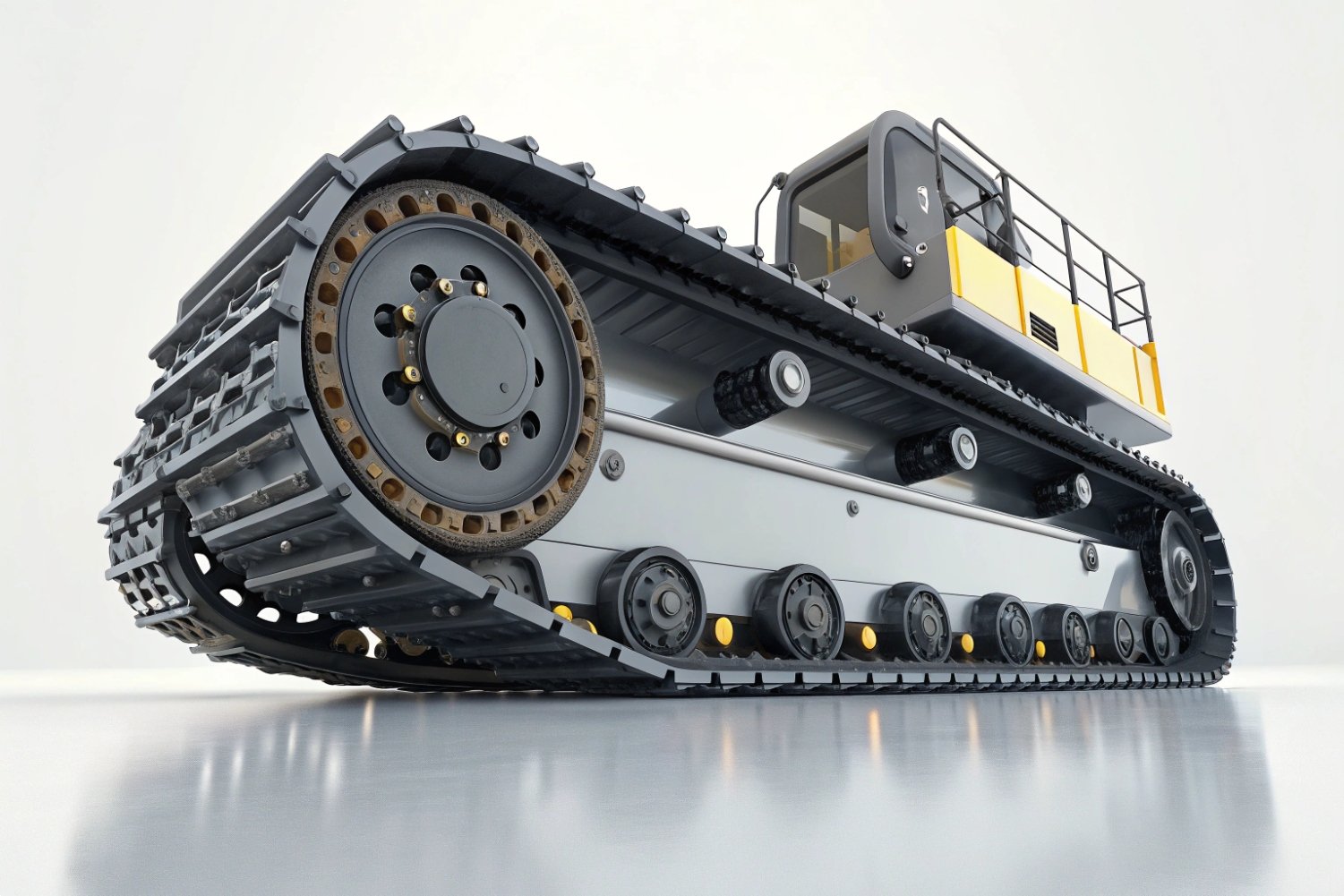 Modern yellow excavator in a clean warehouse showing detailed heavy-duty crawler track system.