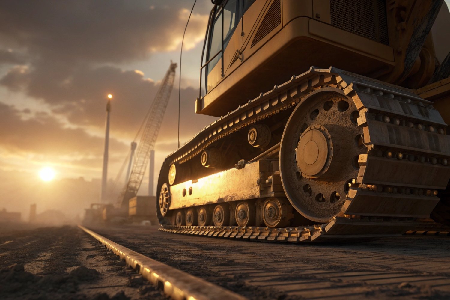 Close-up of excavator metal tracks on a construction site at sunset