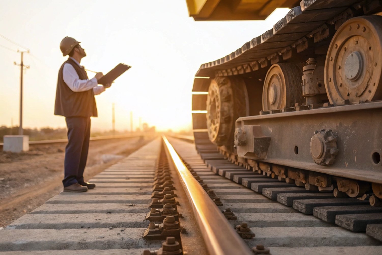 Engineer inspecting heavy duty crawler tracks on a construction site at sunset