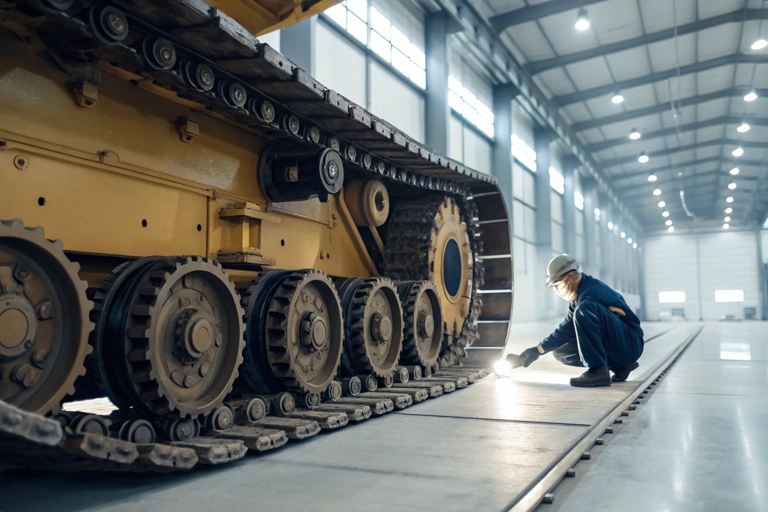 Yellow crawler excavator tracks with multiple rollers in an industrial warehouse facility