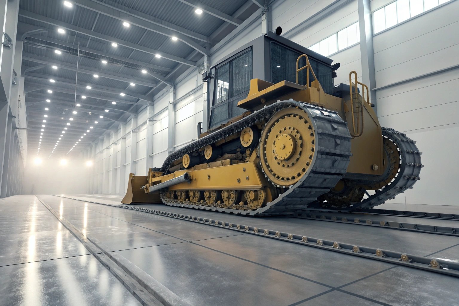 Heavy-duty bulldozer undercarriage track system and drive sprocket in a clean factory warehouse.