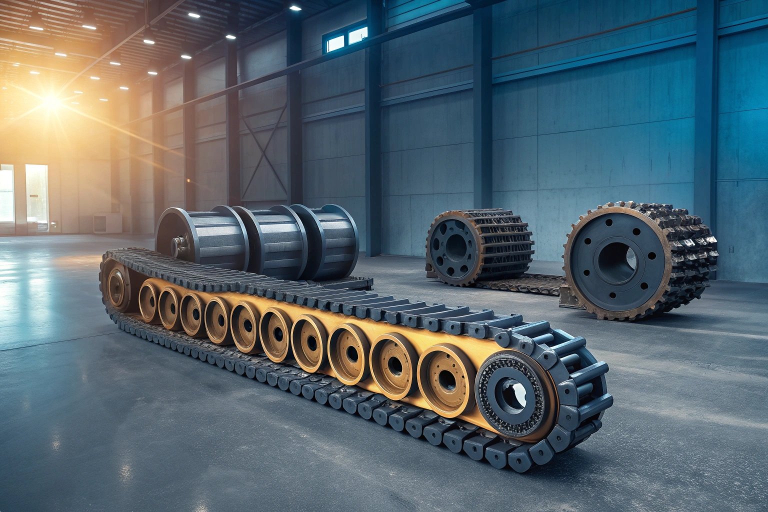 Chenille d'excavatrice industrielle Assemblage de chenille d'excavatrice industrielle robuste dans un entrepôt moderne.