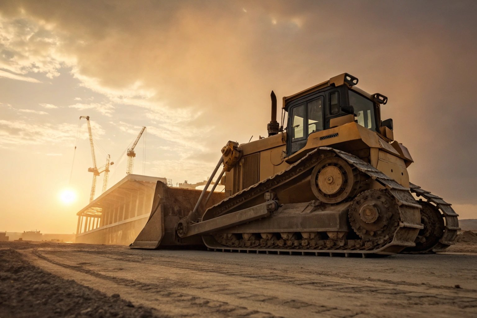 Heavy-duty Cat Bulldozer Working on Construction Site during a Golden Sunset.
