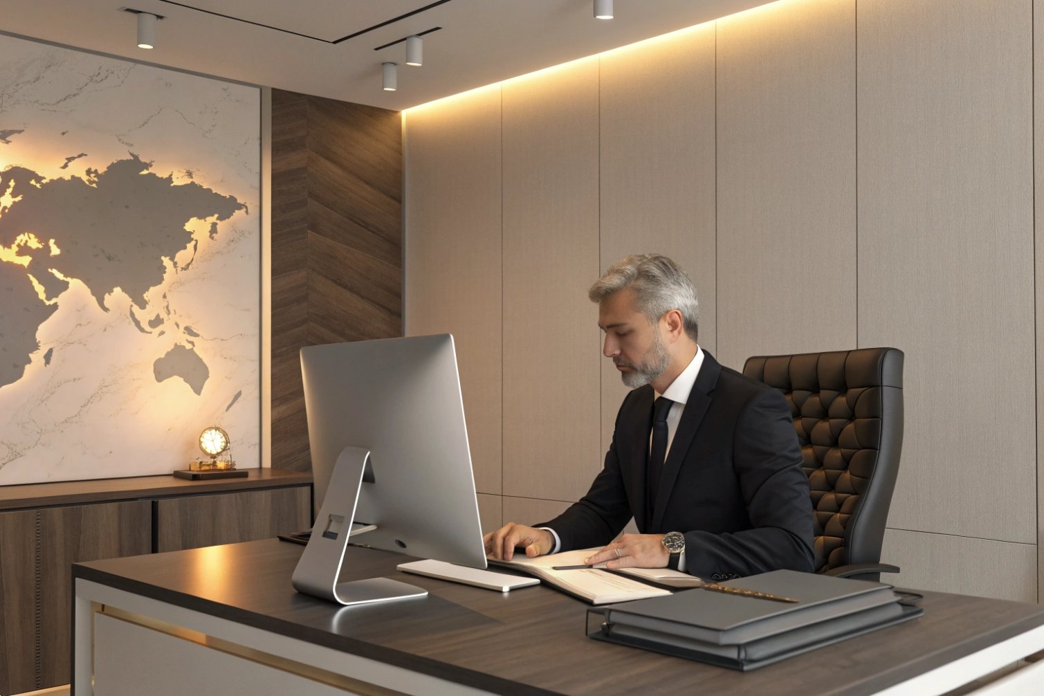 Productivity workspace Professional working in modern office, illustrating focus and productivity.