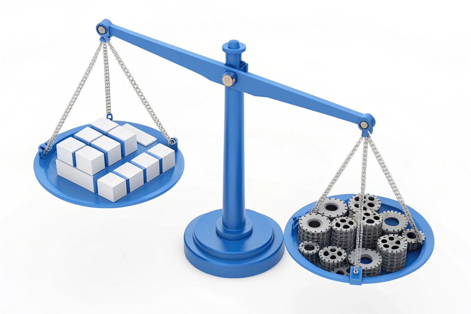 Equilibrium Growth Blue balance scale comparison between boxes and gears, symbolizing balance.