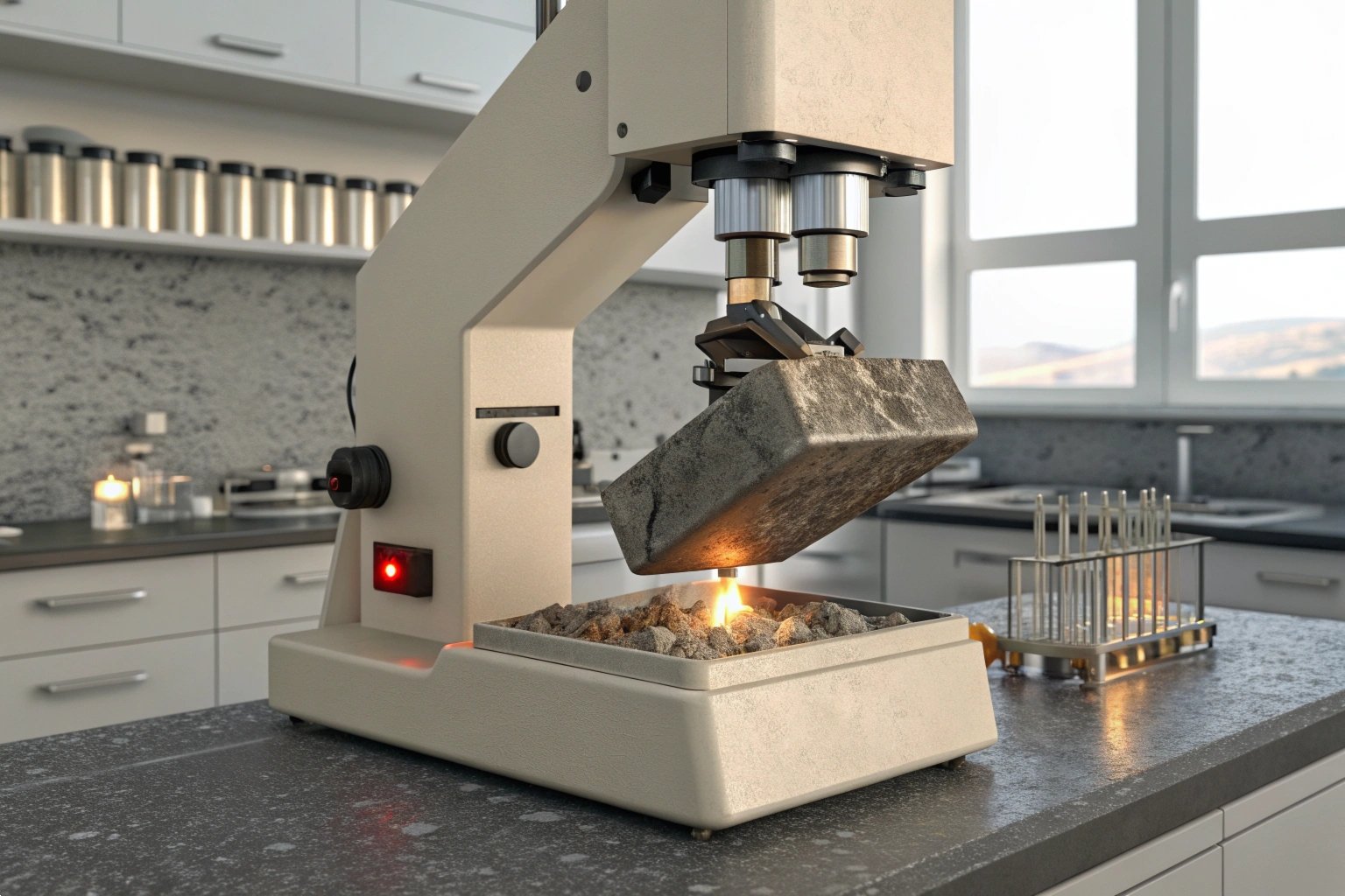 Geological Analysis Laboratory equipment analyzing rock samples for geological studies.