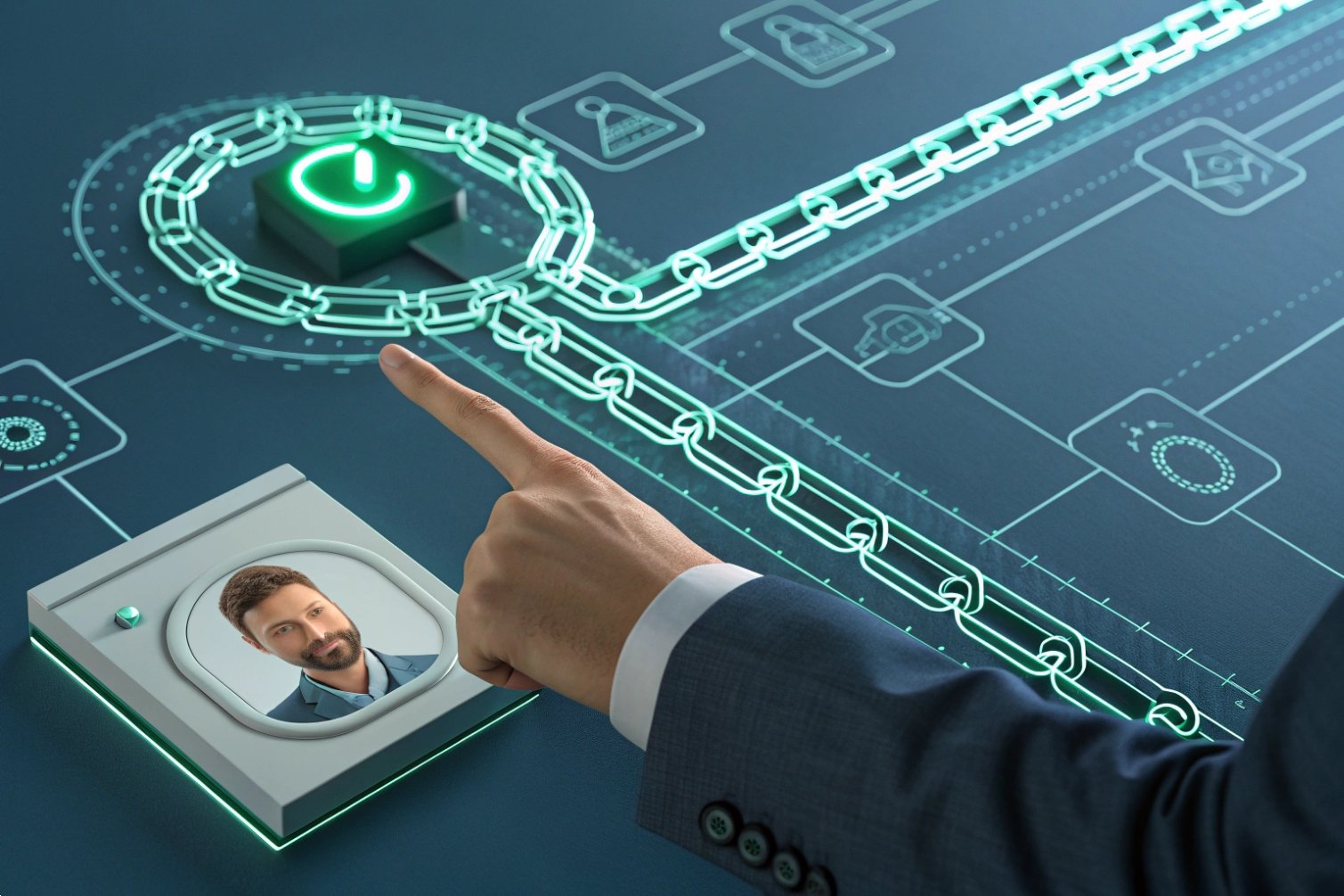 Digital Network Finger pointing at digital network with blockchain components.