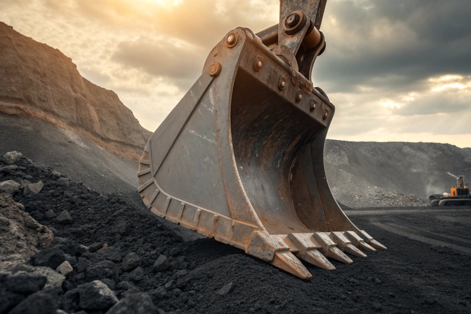 Heavy machinery power Excavator bucket scooping soil on an industrial construction site.
