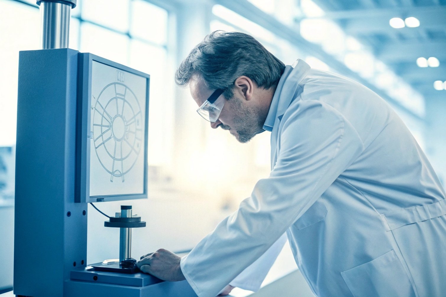 Manufacturing analysis Scientist analyzing results on digital machine, illustrating precise manufacturing analysis.