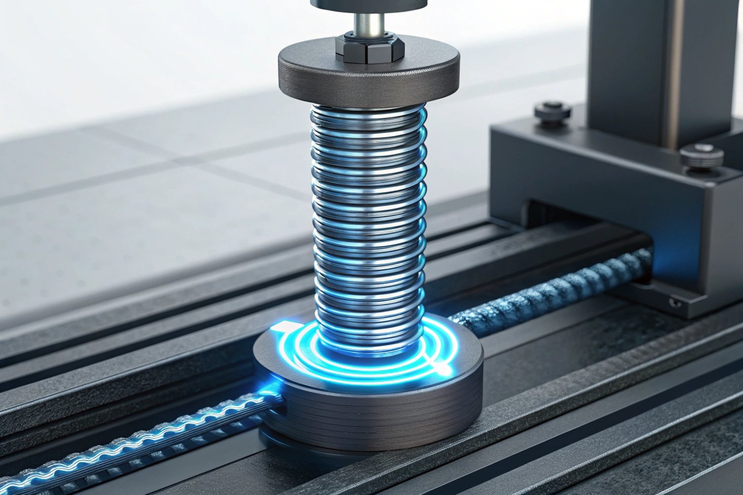 Mechanical testing Close-up of mechanical spring under testing in laboratory setting.