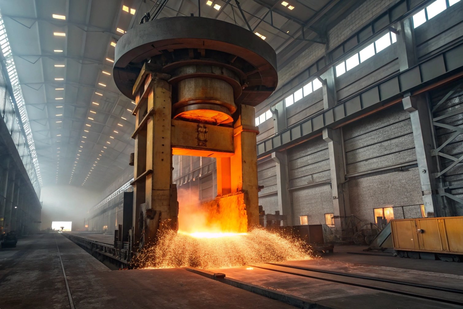 Forging process Heavy-duty forging press in metalworking factory.