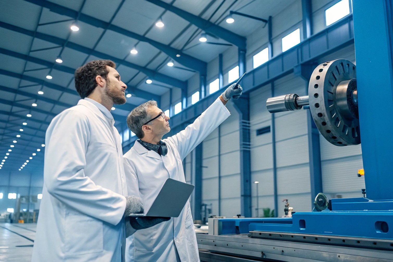 Machinery installation Technicians analyzing industrial machinery setup in factory setting.
