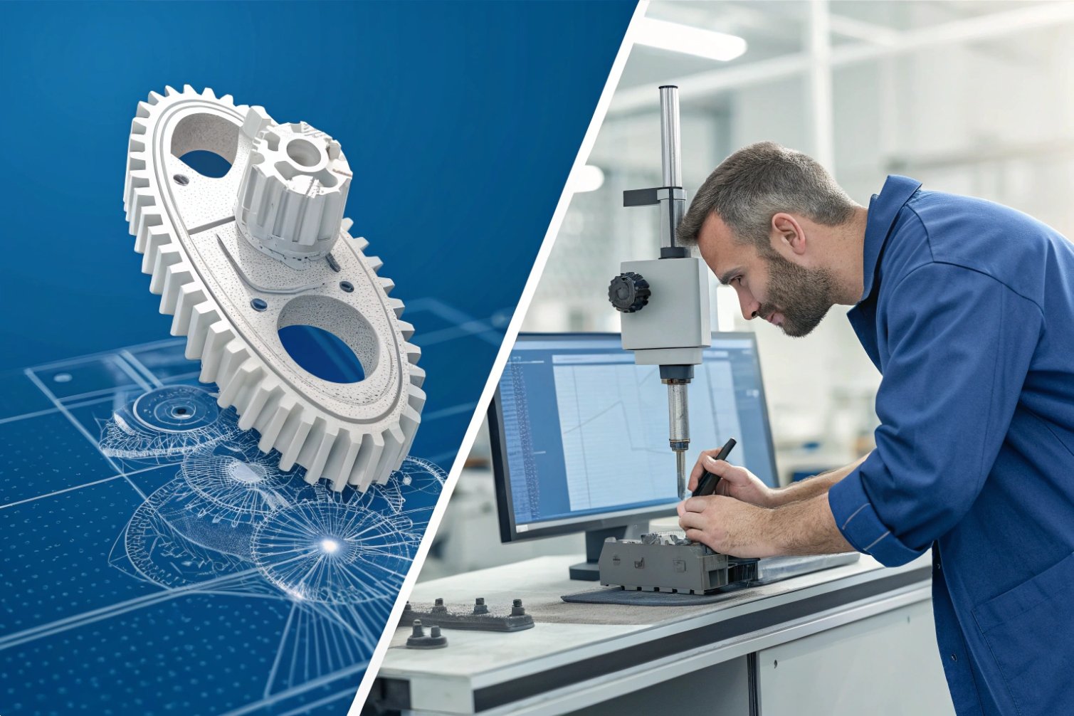 Precision engineering Gear design blueprint split with precision measurement. Technician using equipment beside blurred face.