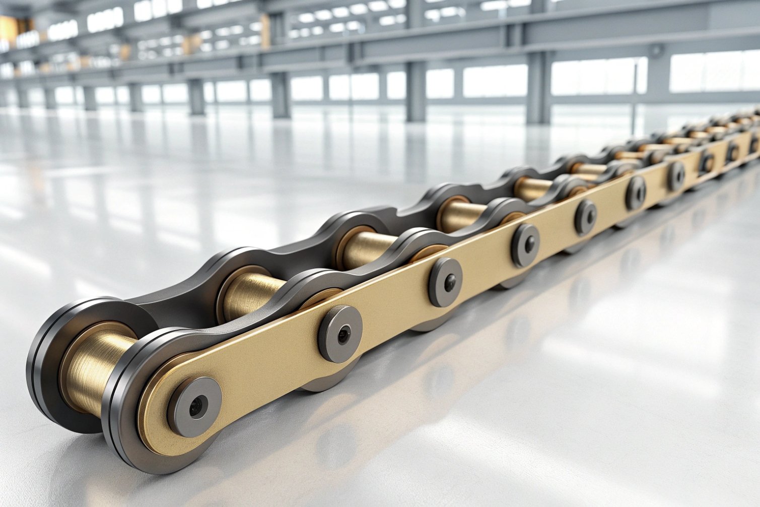 Industrial chain Gold and silver chain on a polished floor in an industrial setting.