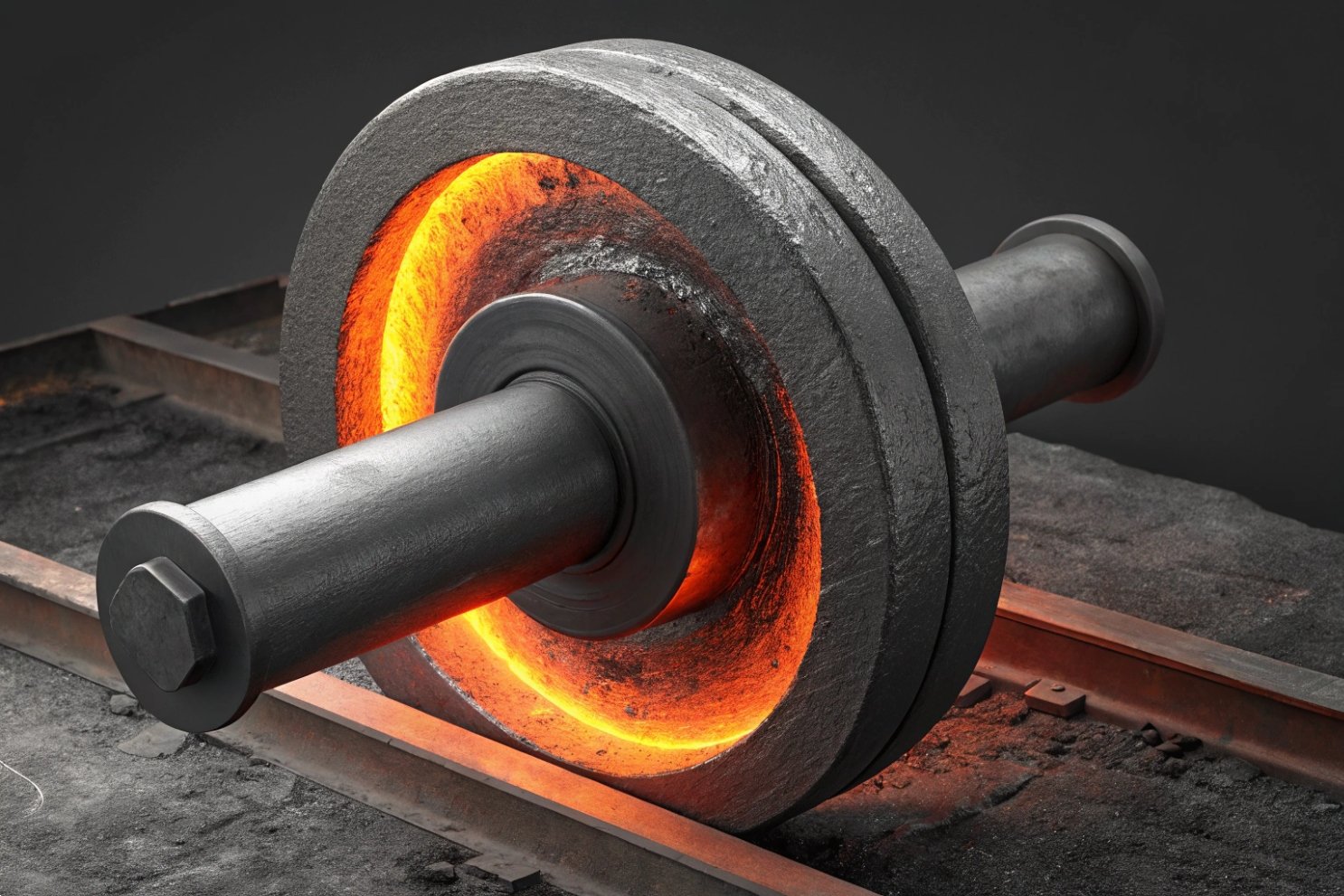 Forged steel wheel glowing hot Hot steel railroad wheel or roller glowing orange in a dark industrial environment