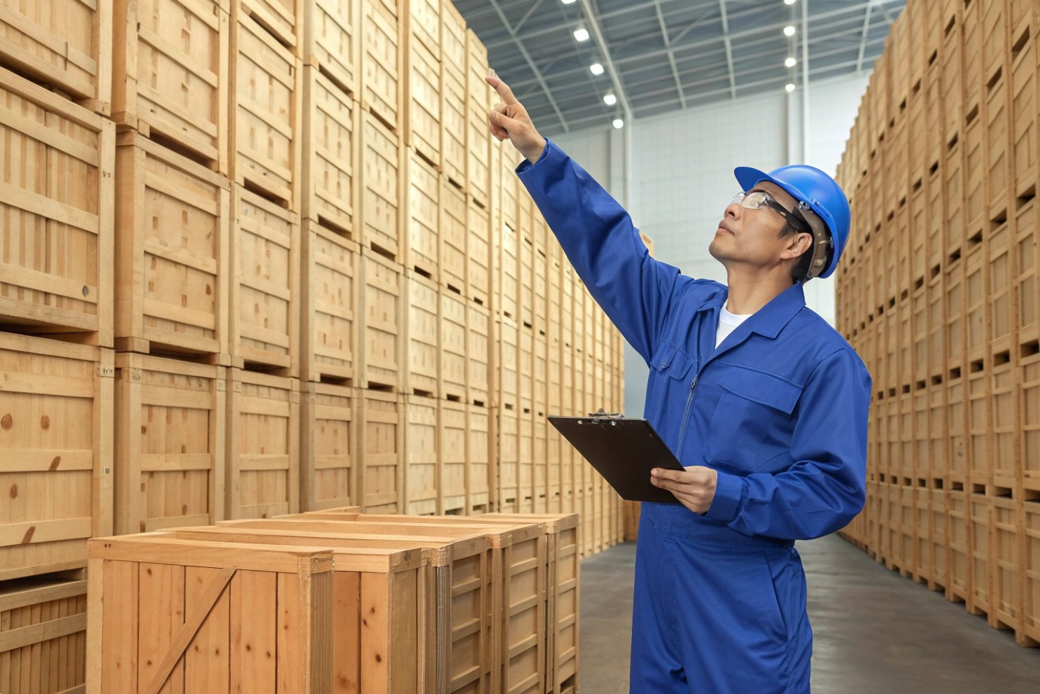 Worker checks warehouse inventory Warehouse worker in blue uniform checking inventory of tall stacks of wooden crates
