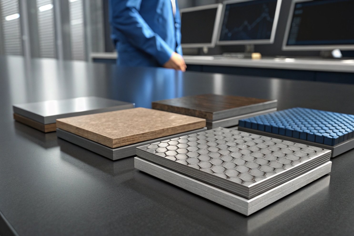 Industrial material sample selection Material samples like metal, wood, and textured pads on a table for selection