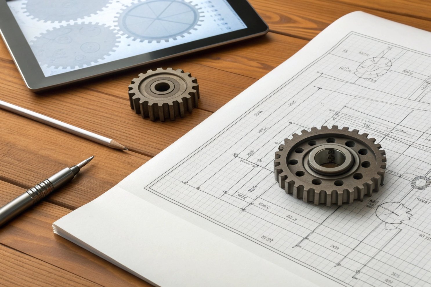 Precision Engineering Design Mechanical gears placed on engineering blueprints next to a digital tablet and pencils.