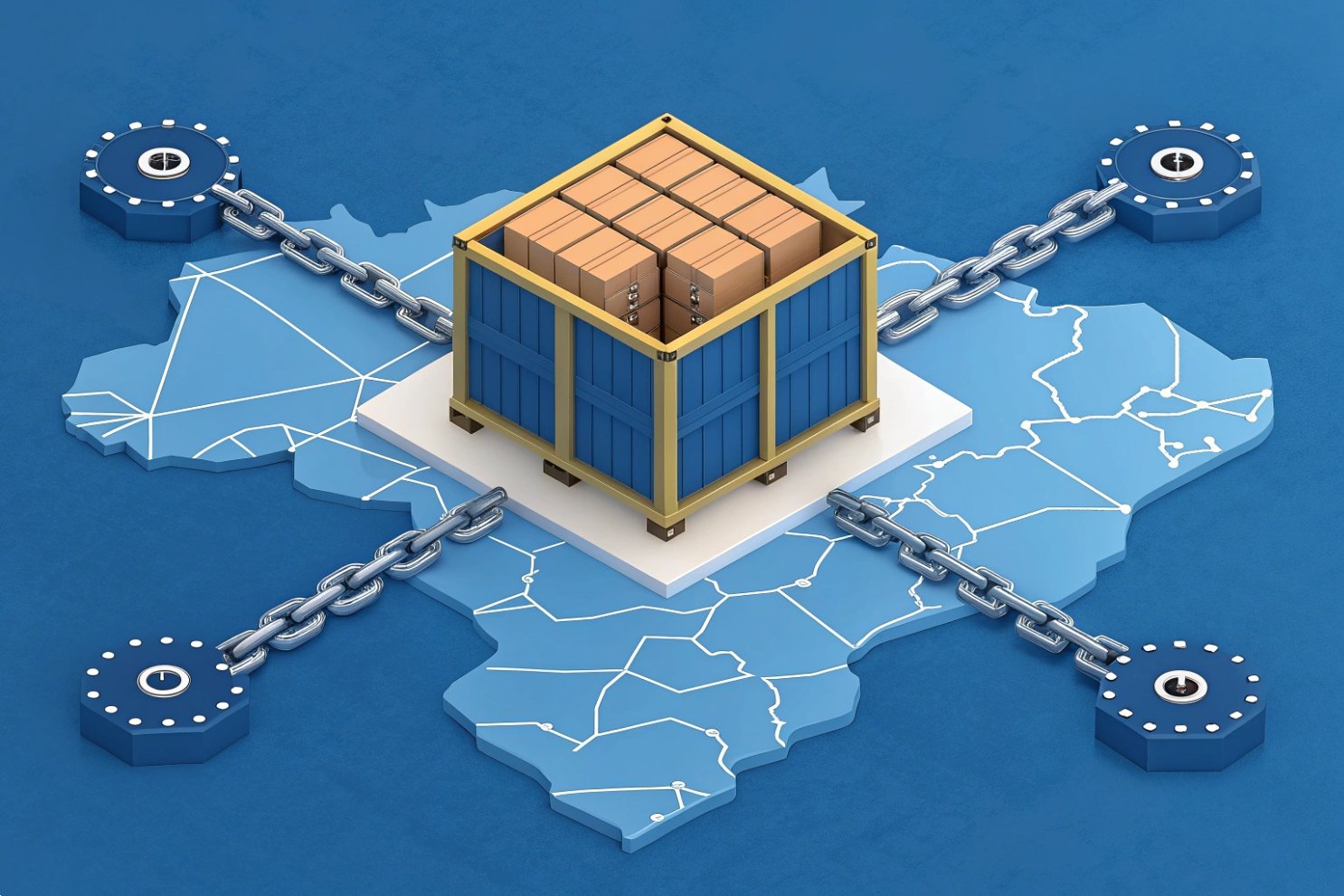 Global Supply Chain Network Isometric 3D map showing a supply chain network connected by industrial chains.
