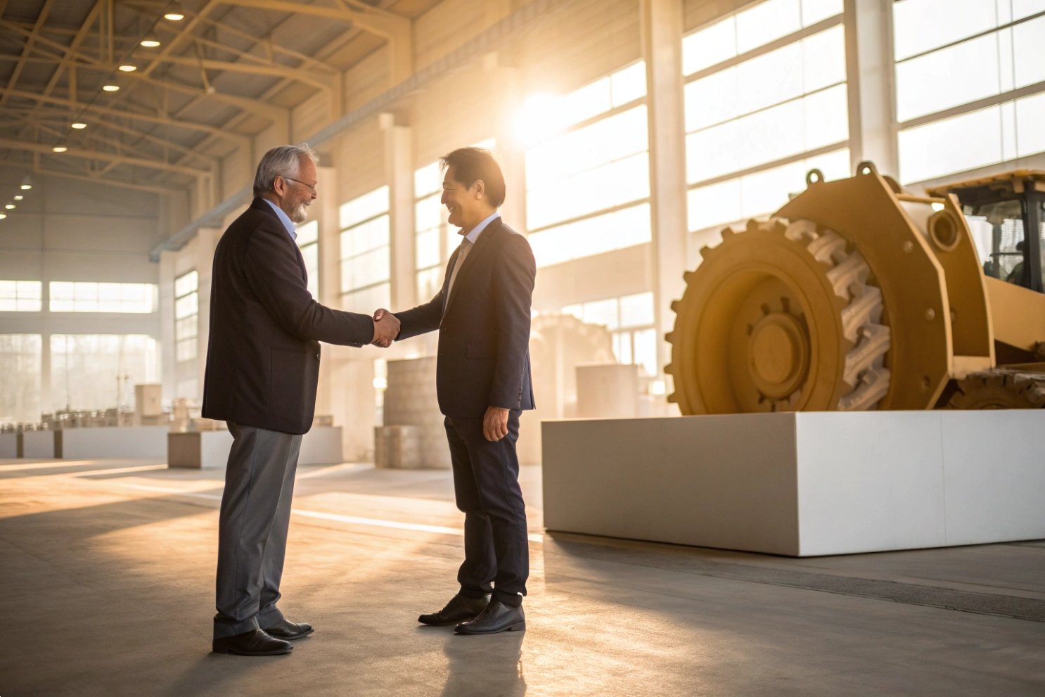 Manufacturing Business Partnership Businessmen shaking hands in a large manufacturing warehouse with heavy machinery components in background.
