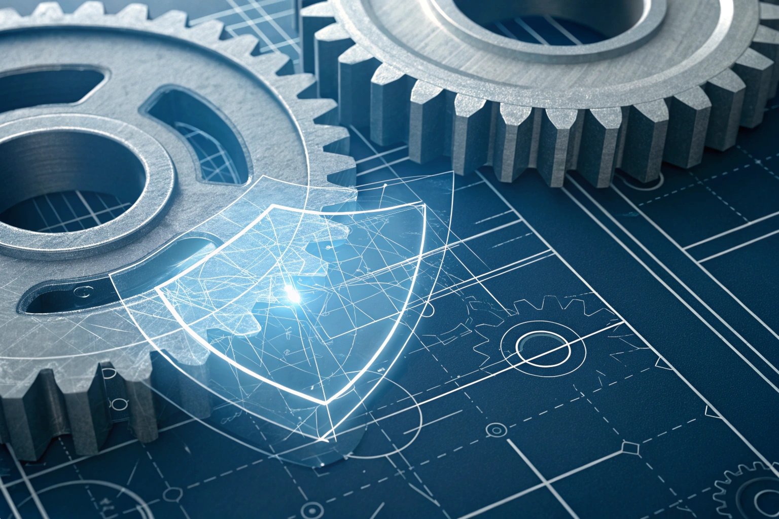 Segurança de Dados de Engenharia Industrial Engrenagens industriais em projeto técnico com sobreposição de escudo de segurança digital