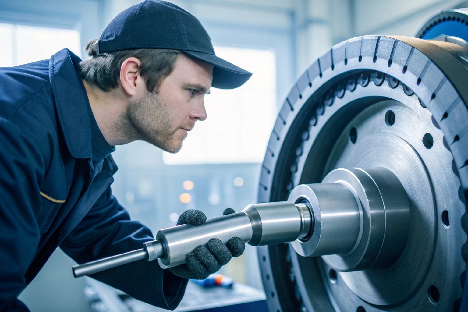 Precision Industrial Gear Inspection Technical engineer in uniform performing high-precision inspection on large metal industrial gear
