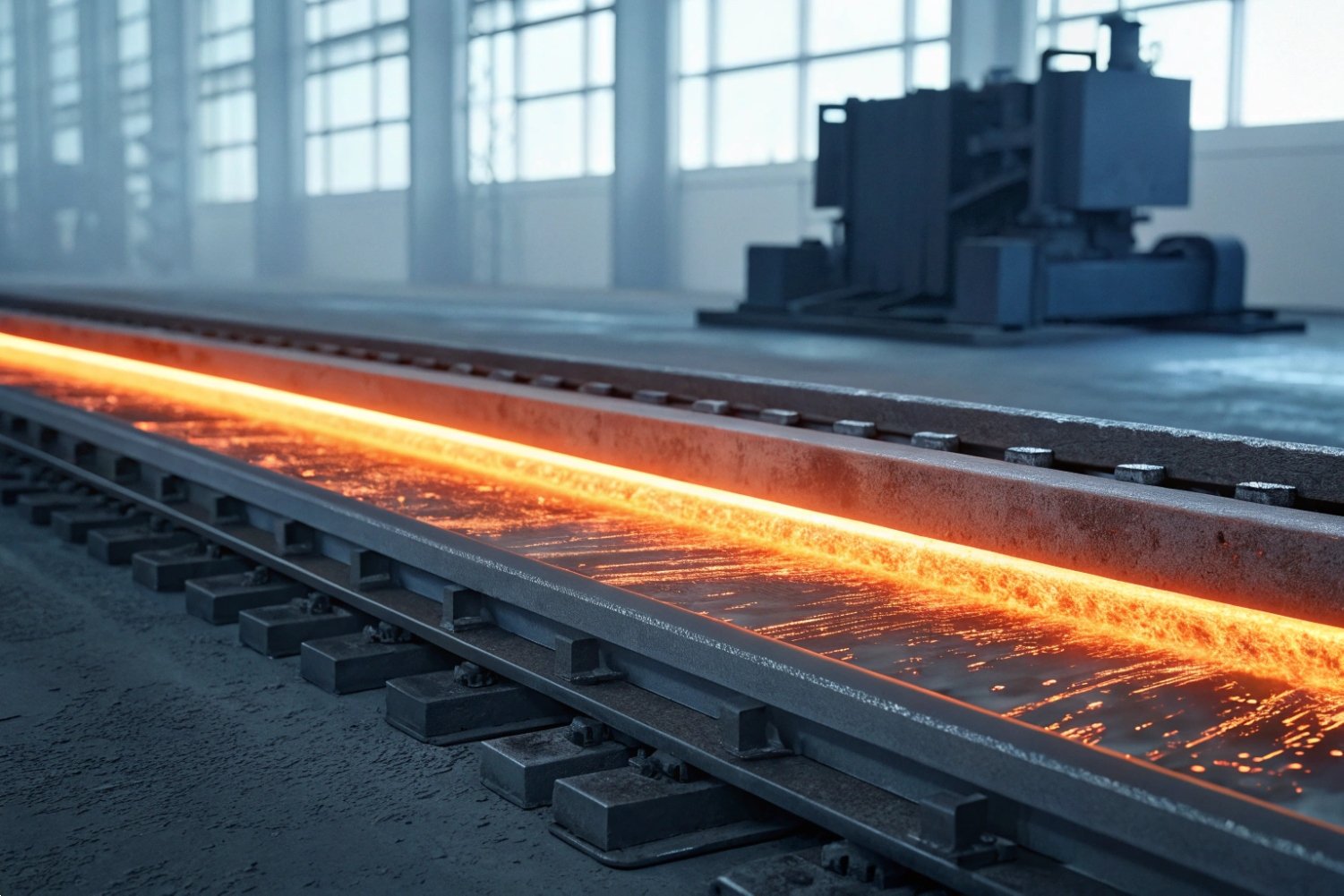 Steel Manufacturing Process Glowing molten steel rail being processed in a modern industrial factory.
