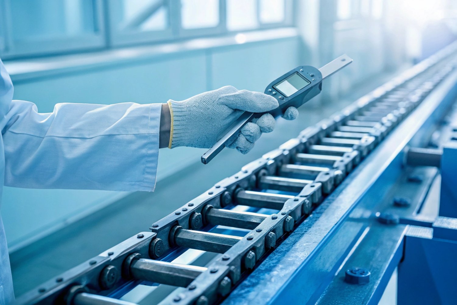 Precision Measurement Testing Quality control inspector using a digital caliper to measure conveyor chain precision.