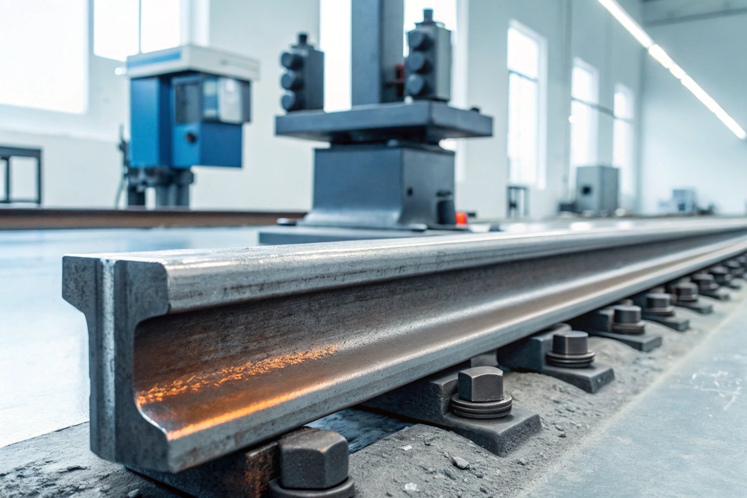 Precision Steel Rail Section Close-up of a precision-engineered steel railway track section secured with heavy-duty bolts and fasteners