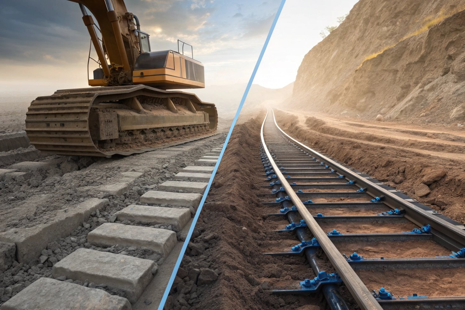 Excavator Track Railway Comparison Split screen view comparing heavy excavator crawler tracks with newly installed railway steel tracks