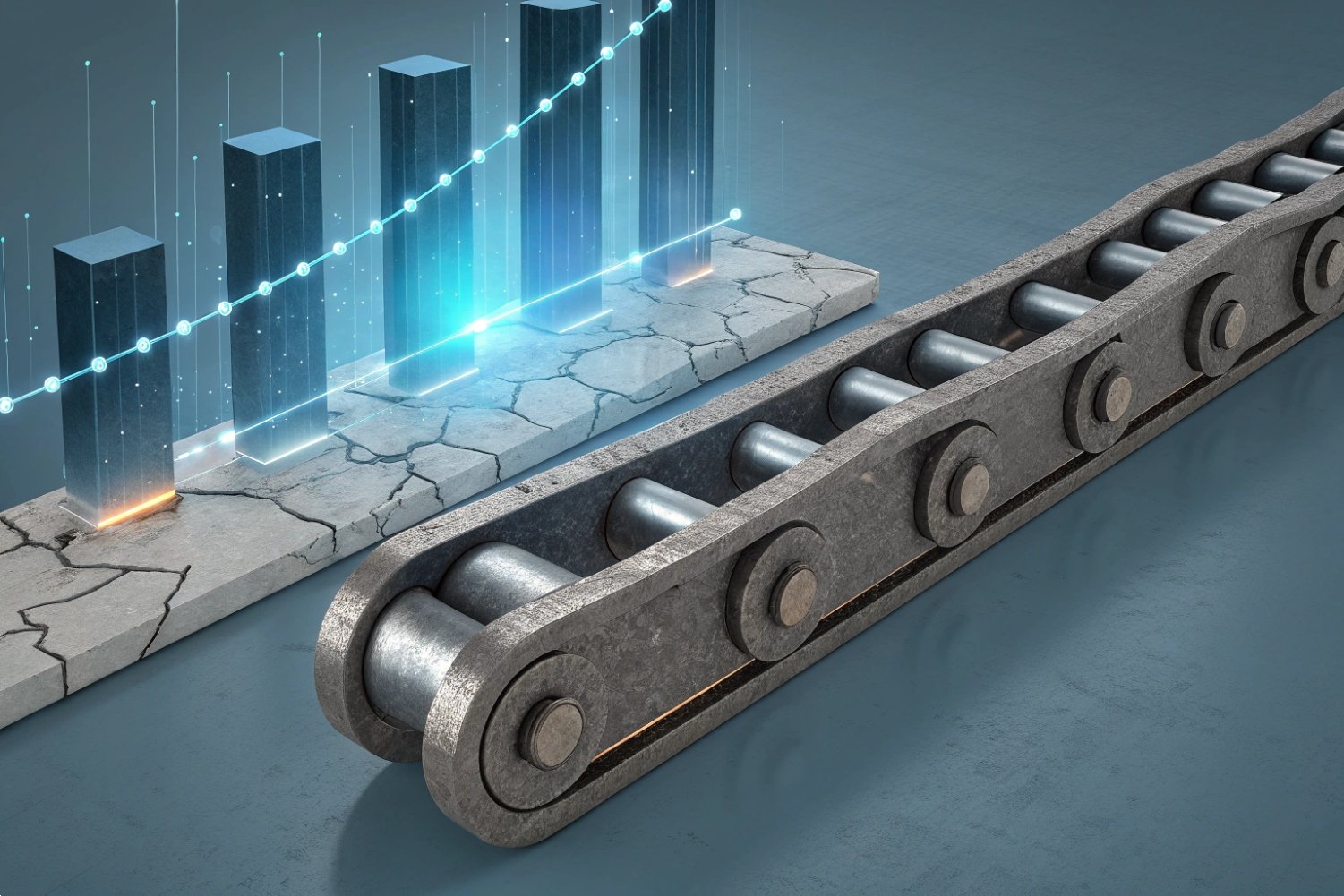 Smart Industrial Roller Chain Industrial conveyor roller chain integrated with digital data visualization bar charts.