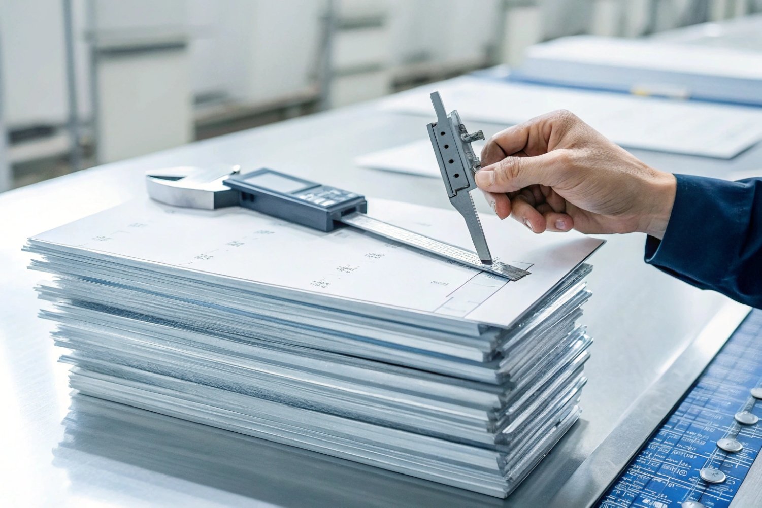 Precision Metal Quality Control Hand using precision digital calipers to measure high-quality metal plates in factory.