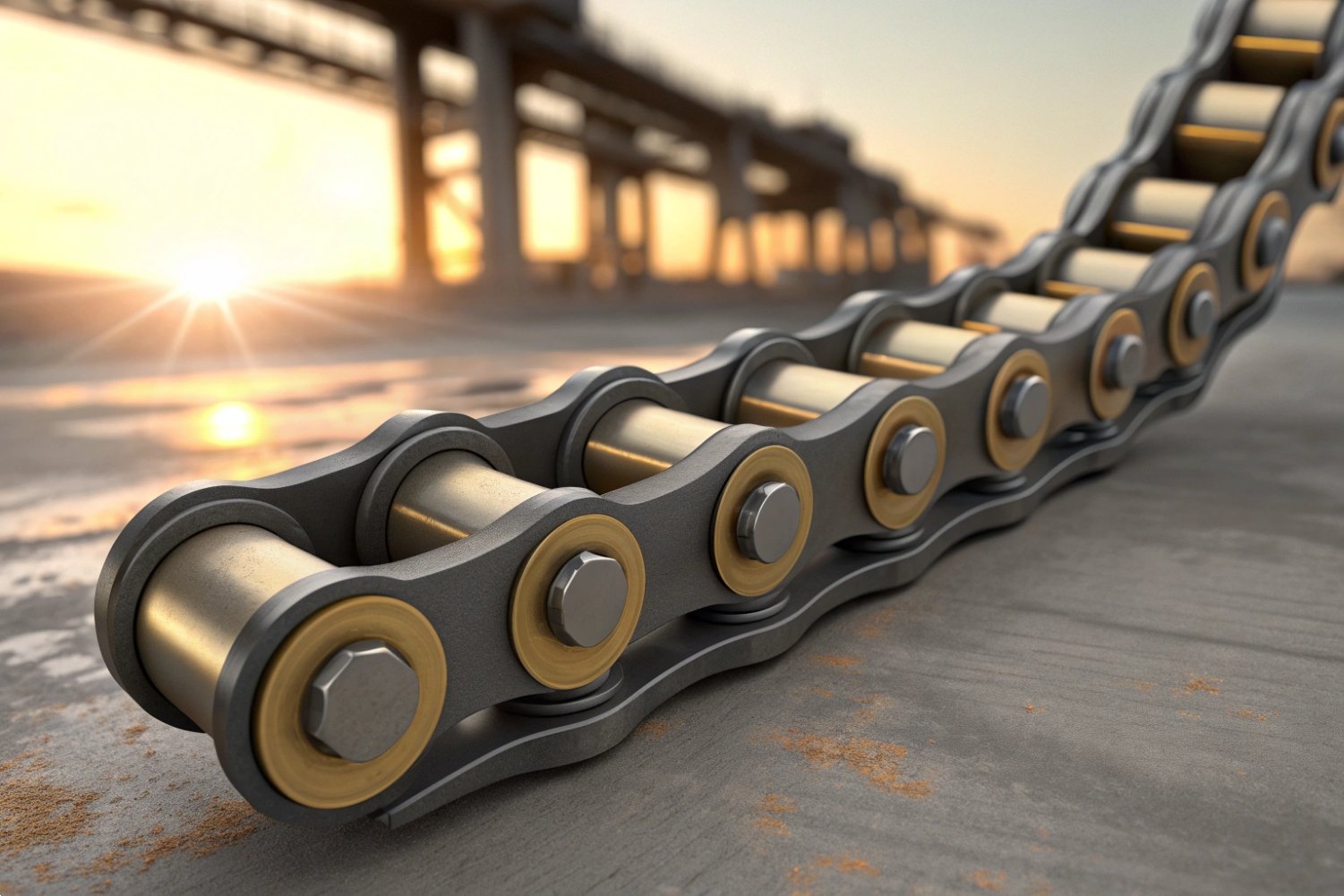 Durable Industrial Roller Chain Close-up of a durable steel roller chain on a construction site during sunset.