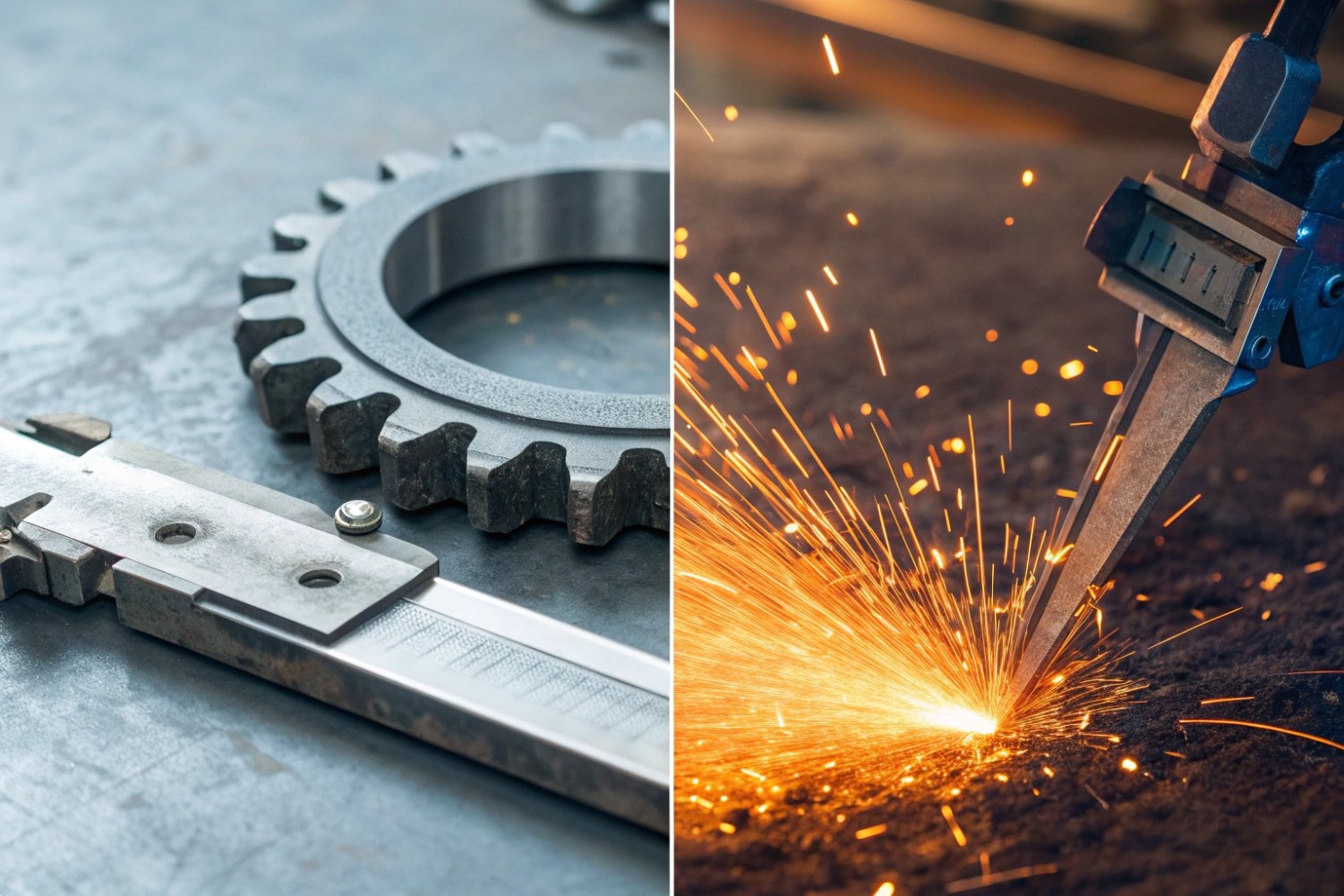 Precision Engineering and Manufacturing Split screen showing a metal gear with calipers and industrial laser cutting with bright sparks.