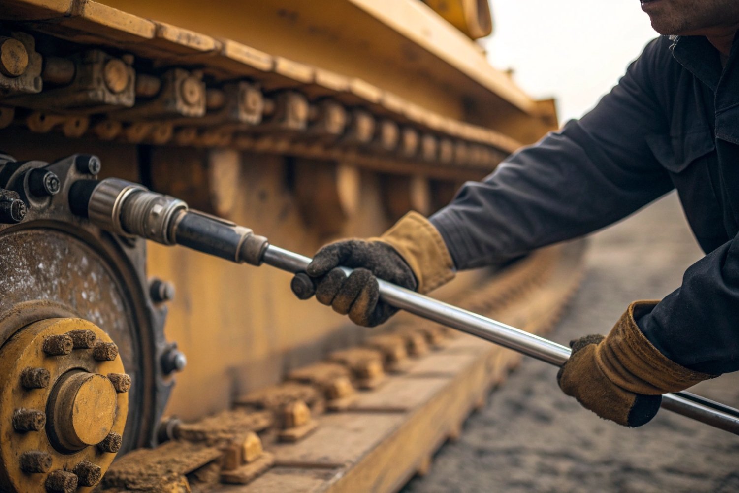 Heavy Equipment Track Maintenance Technician using a manual torque wrench to maintain heavy machinery tracks on a construction site.