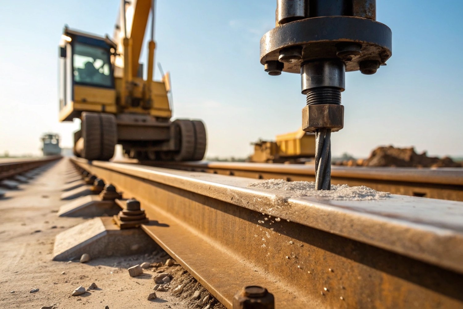 Precision Railway Track Drilling Automated drill bit boring into a steel rail with heavy construction machinery in background.