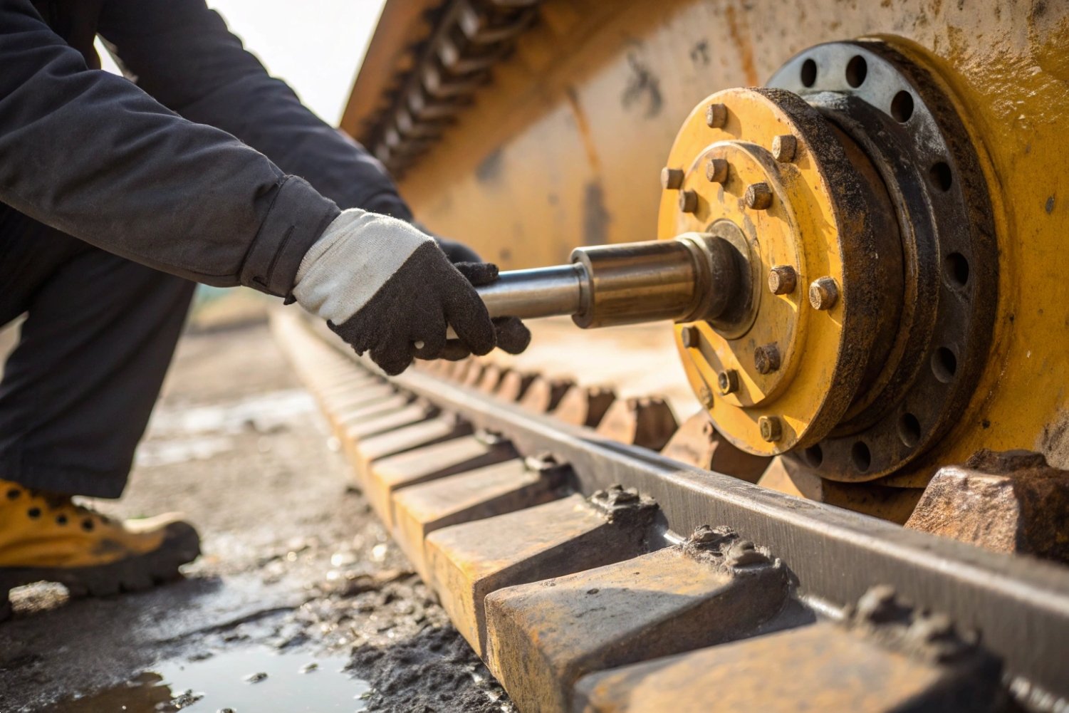 Industrial Track Bolt Adjustment Railway technician using a precision manual wrench to adjust bolts on industrial machine tracks.