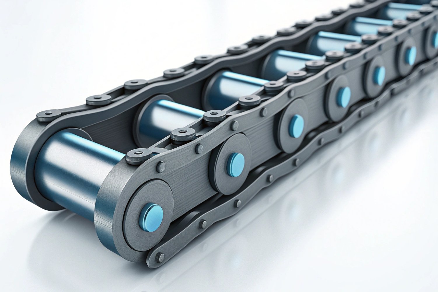 Industrial Roller Chain Detail Close-up of a high-strength industrial roller chain for heavy machinery and power transmission.