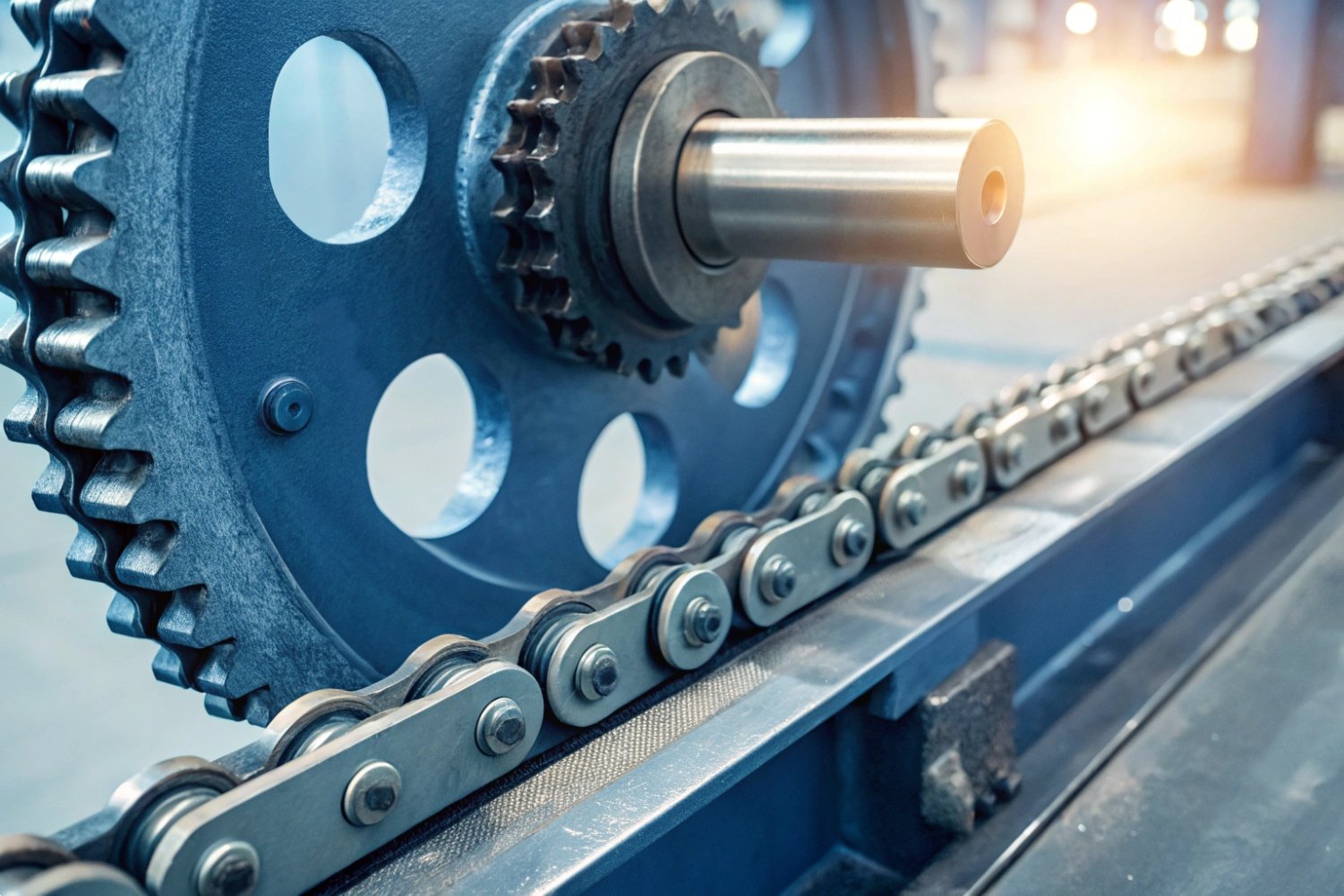 Industrial Gear Chain System Industrial blue gear and steel roller chain drive system in a factory