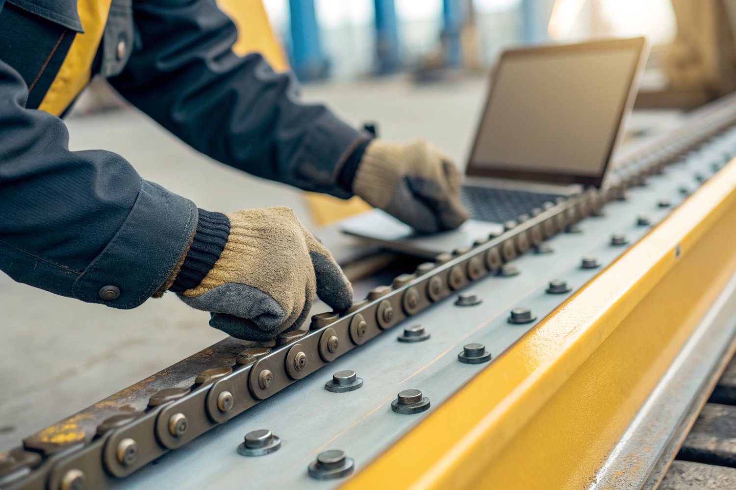 Industrial Chain Drive Inspection Industrial worker using a laptop to inspect a heavy-duty chain drive system
