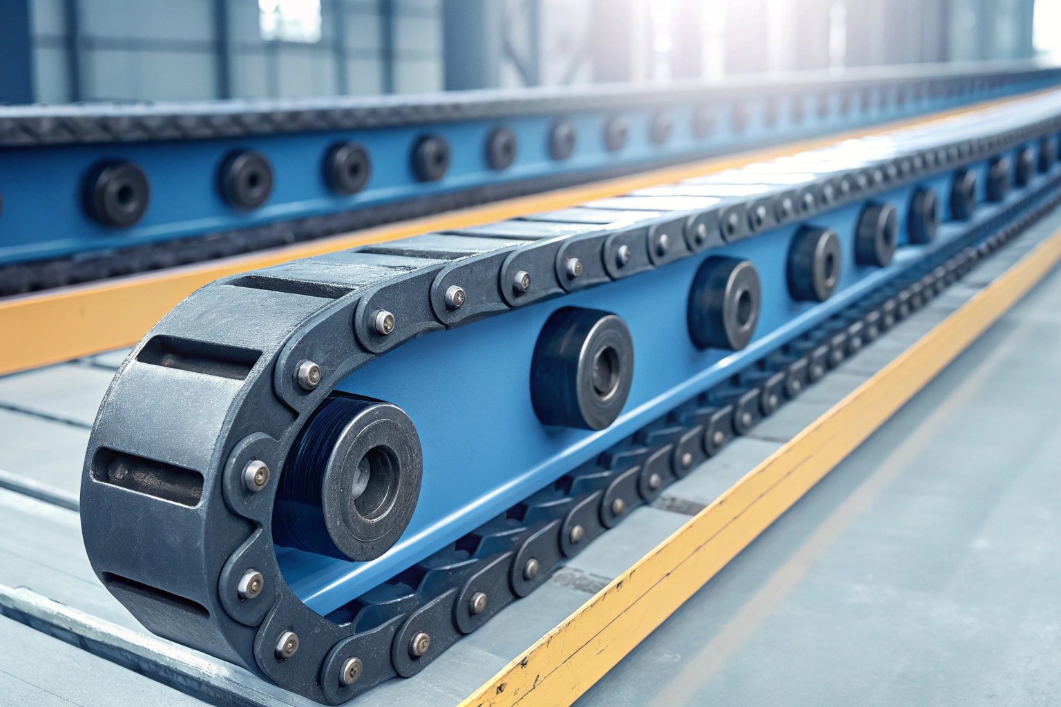 Industrial Conveyor Track Chain Blue industrial conveyor track chain system installed in a modern manufacturing facility.