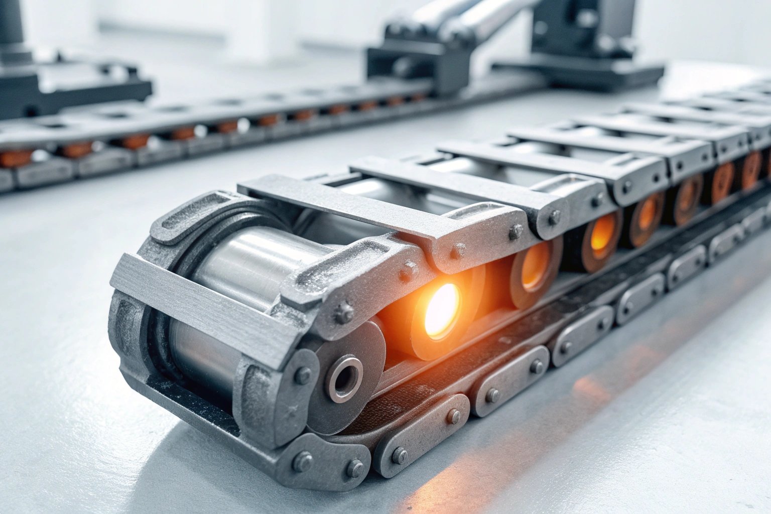 Industrial Cable Carrier Close up of a metallic cable carrier chain for industrial automation machinery.