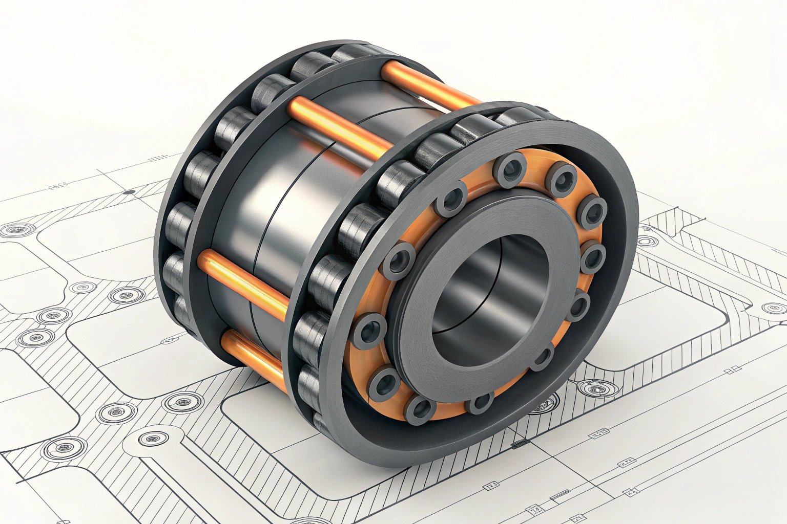 Precision Industrial Roller Bearing Technical 3D rendering of a high-precision industrial roller bearing assembly.