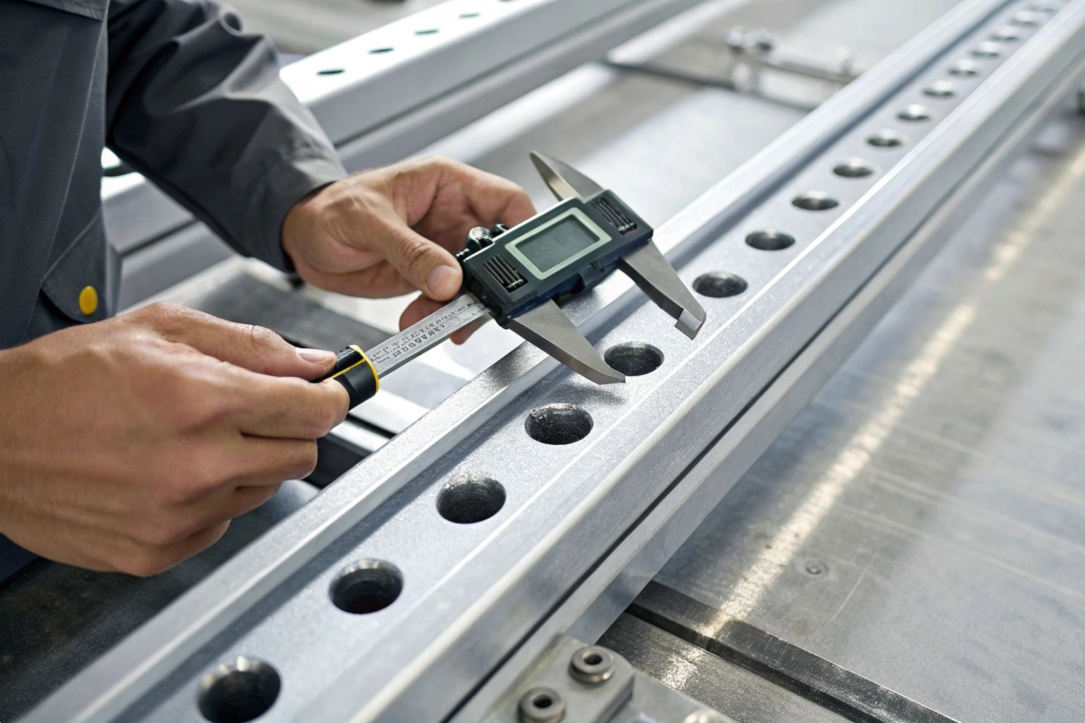 Undercarriage Parts Quality Control Technician Measuring Excavator Bulldozer Undercarriage Metal Parts with Digital Calipers.