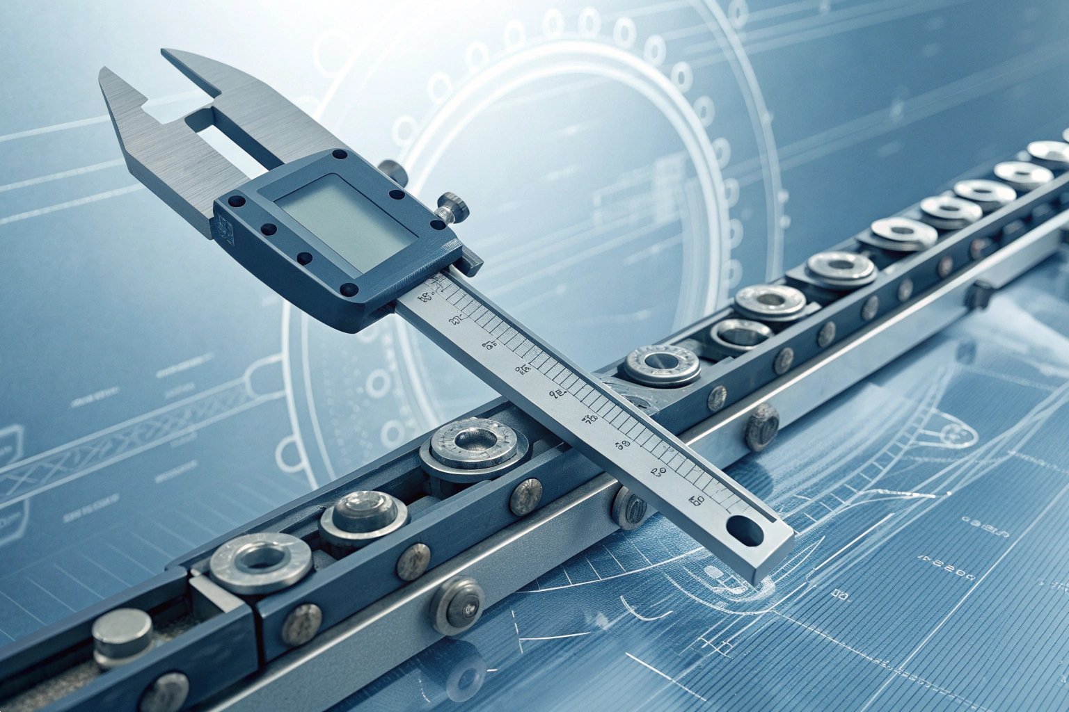 Precision Measurement Quality Control,digital caliper,precision measurement,metal component inspection,industrial QC, machining accuracy test Engineer using digital calipers for precision measurement of a metal industrial rail component.