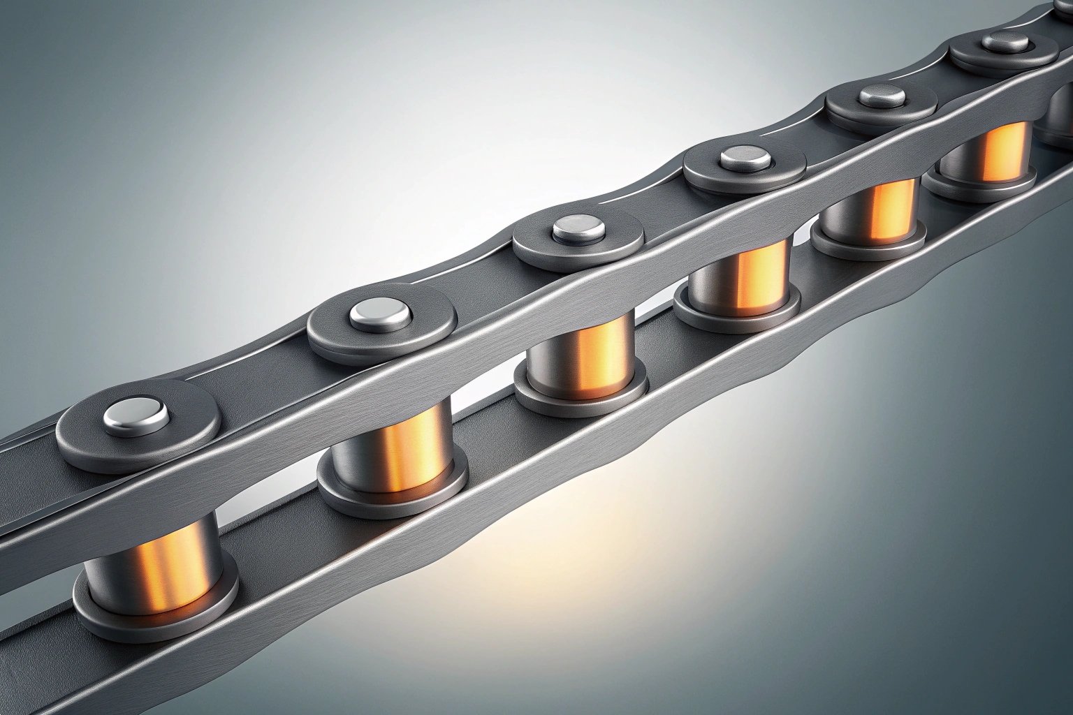 Precision Industrial Roller Chain Close-up | Glowing Pins | Heavy-duty Machinery Component | High-accuracy Engineering Chain Close up of a precision industrial roller chain with glowing internal pins.